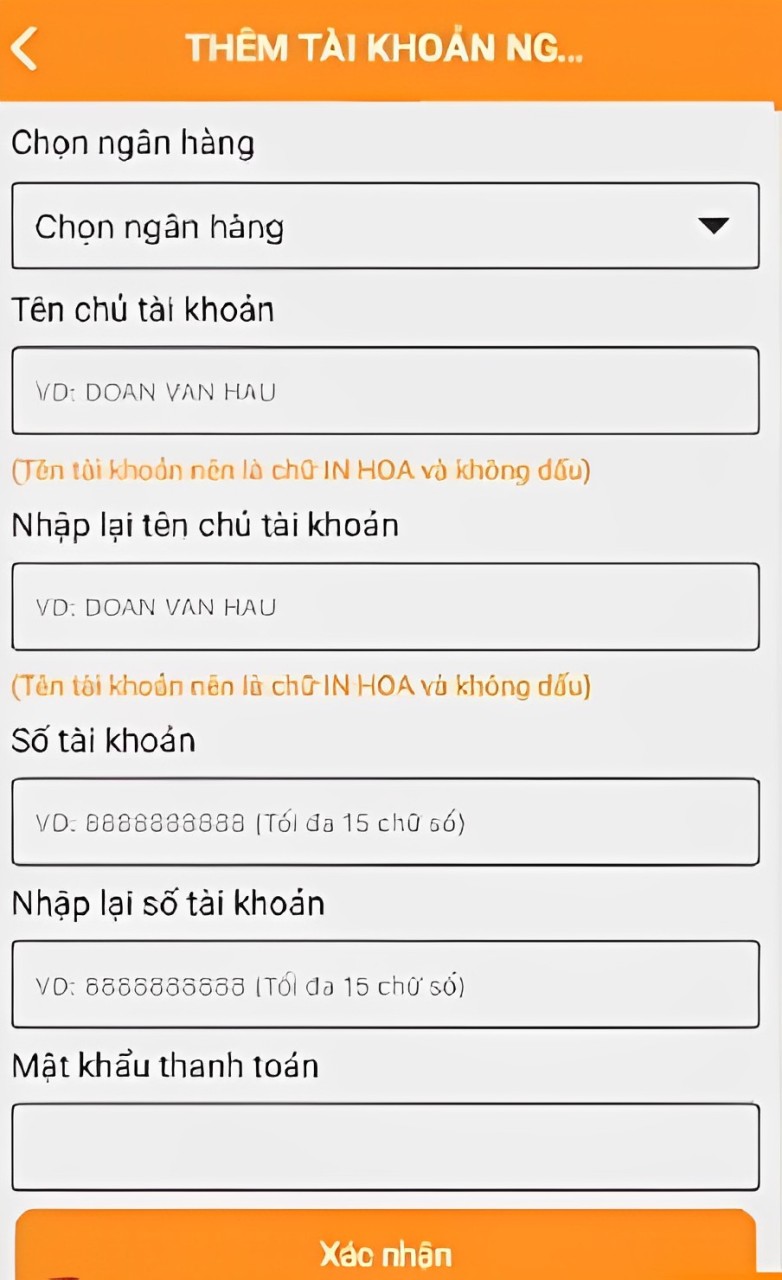 điền thông tin tài khoản ngân hàng vào form