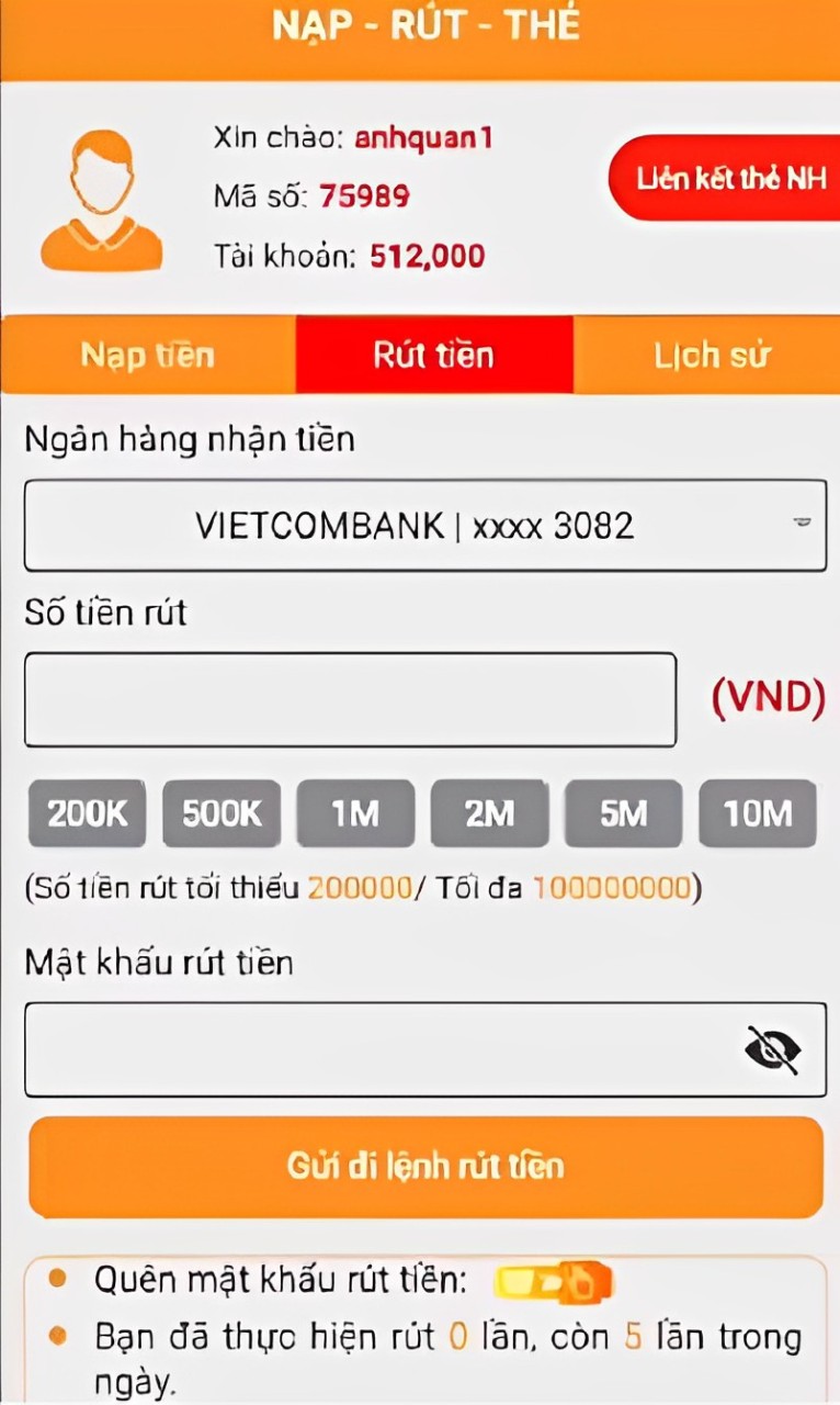 điền số tiền và mật khẩu rút tiền typhu88