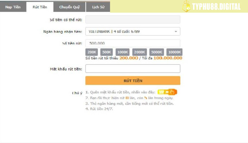 điền thông tin rút tiền typhu88 vào form