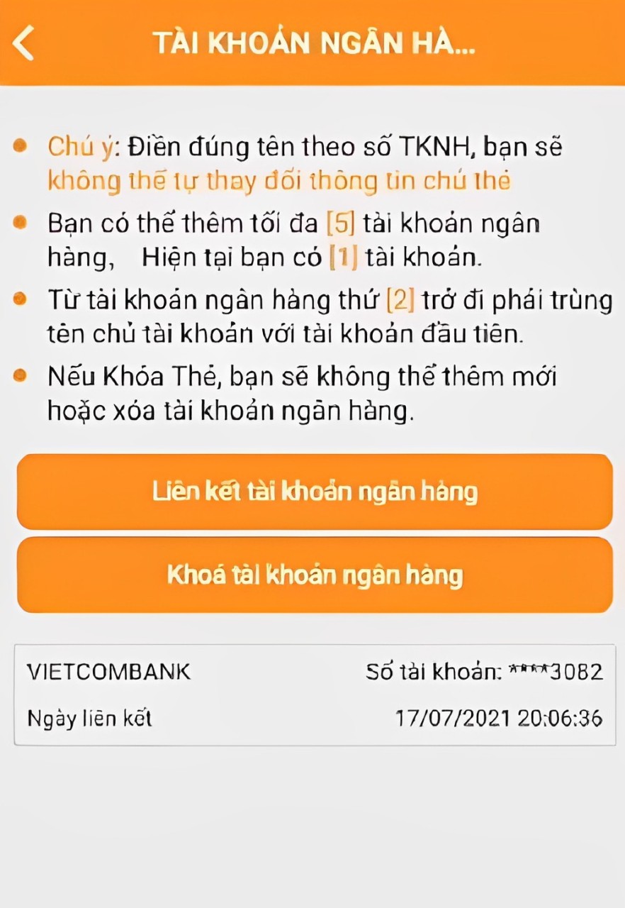 liên kết tài khoản ngân hàng với tài khoản người chơi