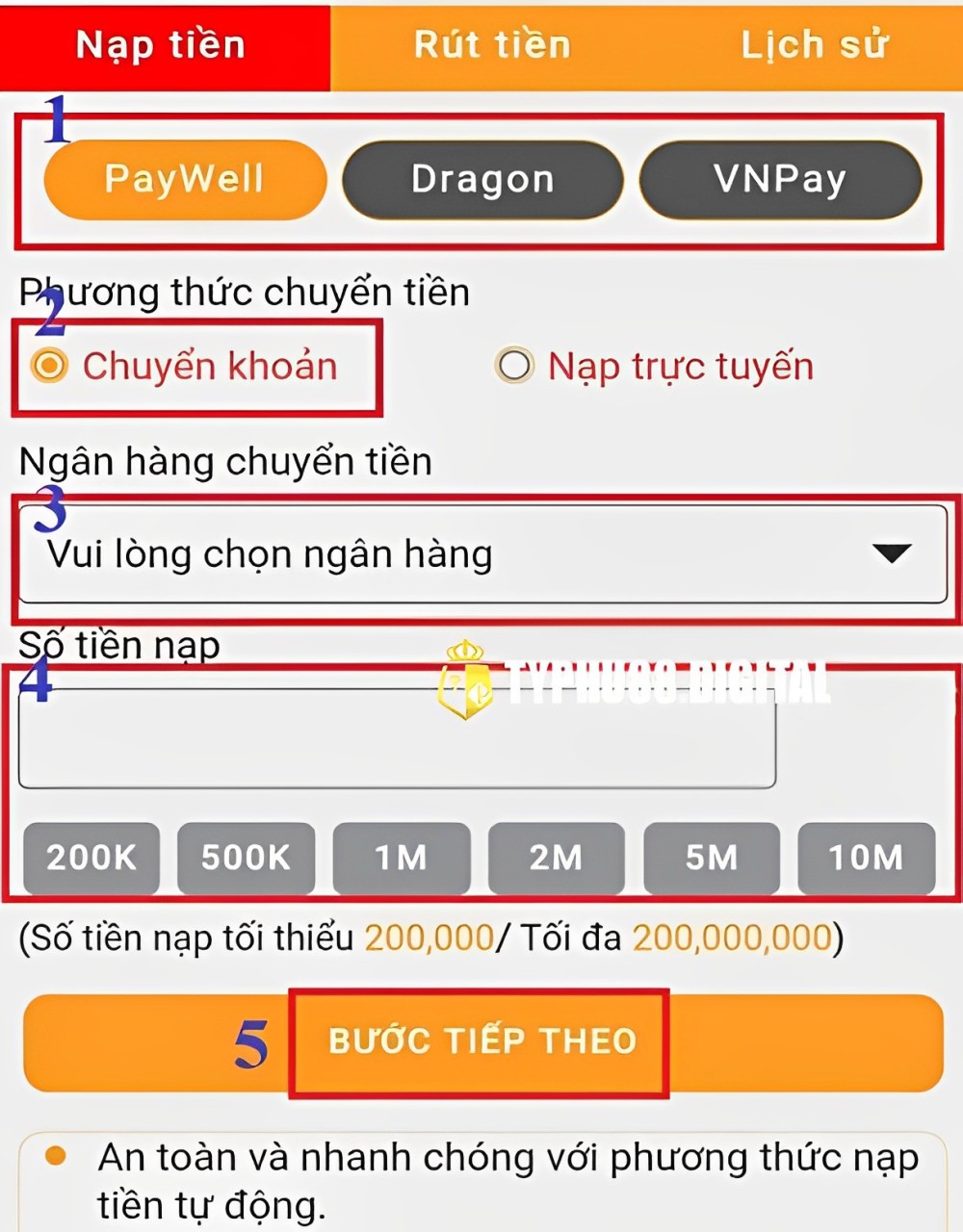 lựa chọn phương thức nạp tiền typhu88 phương thưc chuyển khoản