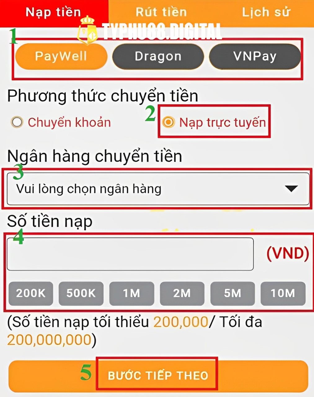 lựa chọn phương thức nạp tiền trực tuyến