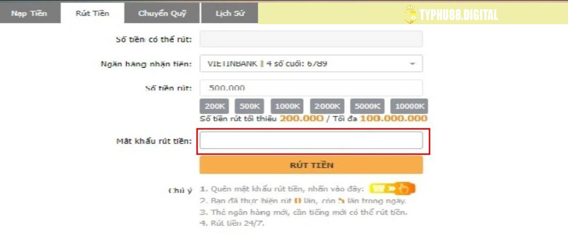 tạo mật khẩu rút tiền typhu88